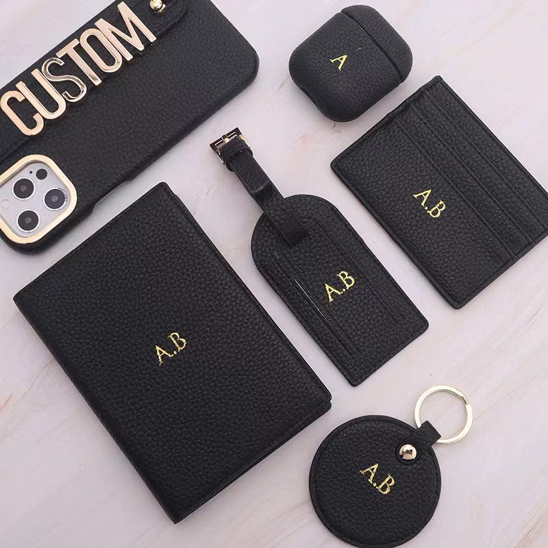 Custom Name Gold Letter Pebble Leather Credit ID Card Holder Keychain Luggage Tag Passport Holder