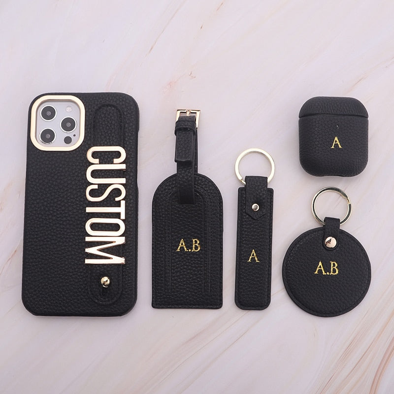 Custom Name Gold Letter Pebble Leather Credit ID Card Holder Keychain Luggage Tag Passport Holder