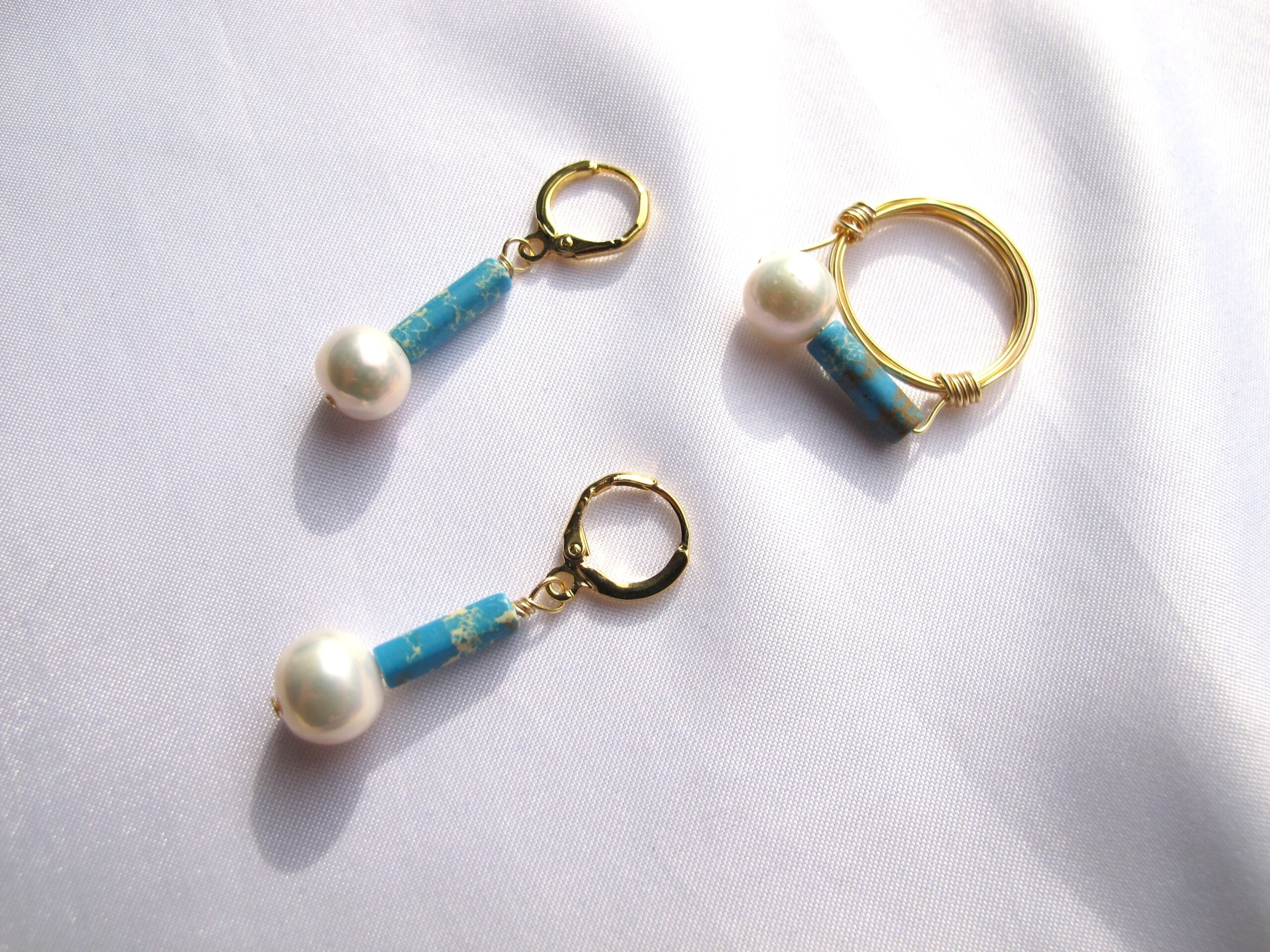 Pearl with turquoise ring and earrings set – Zurich