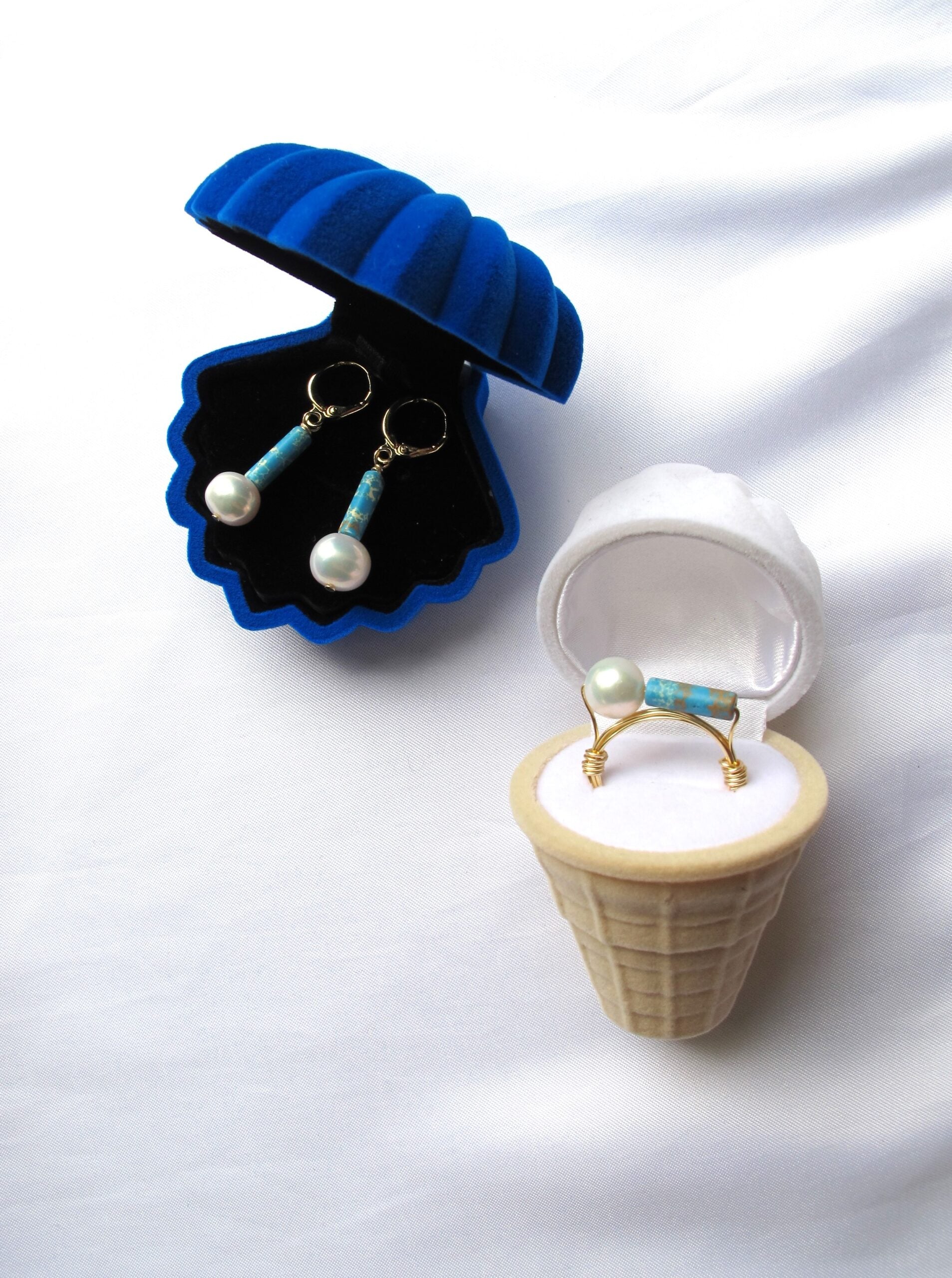 Pearl with turquoise ring and earrings set – Zurich