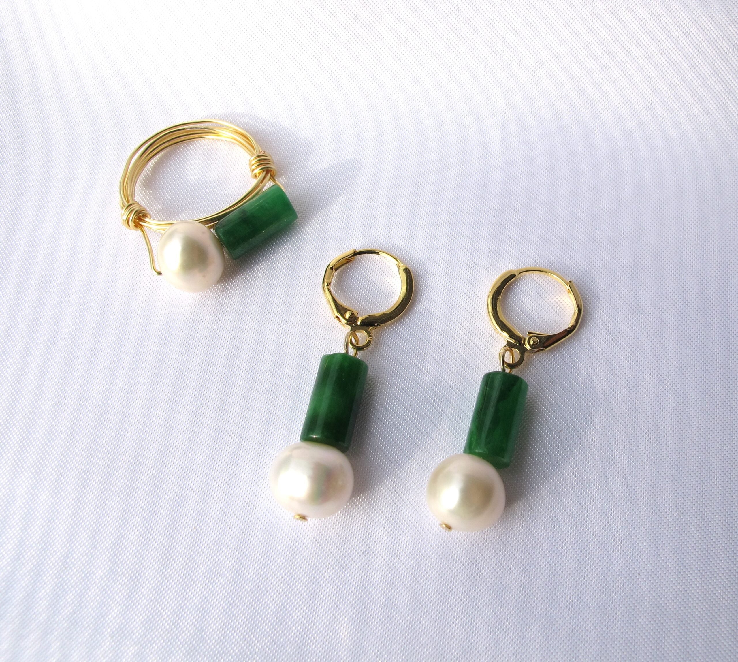 Jade with Pearl Ring with Earrings Set – Majorca