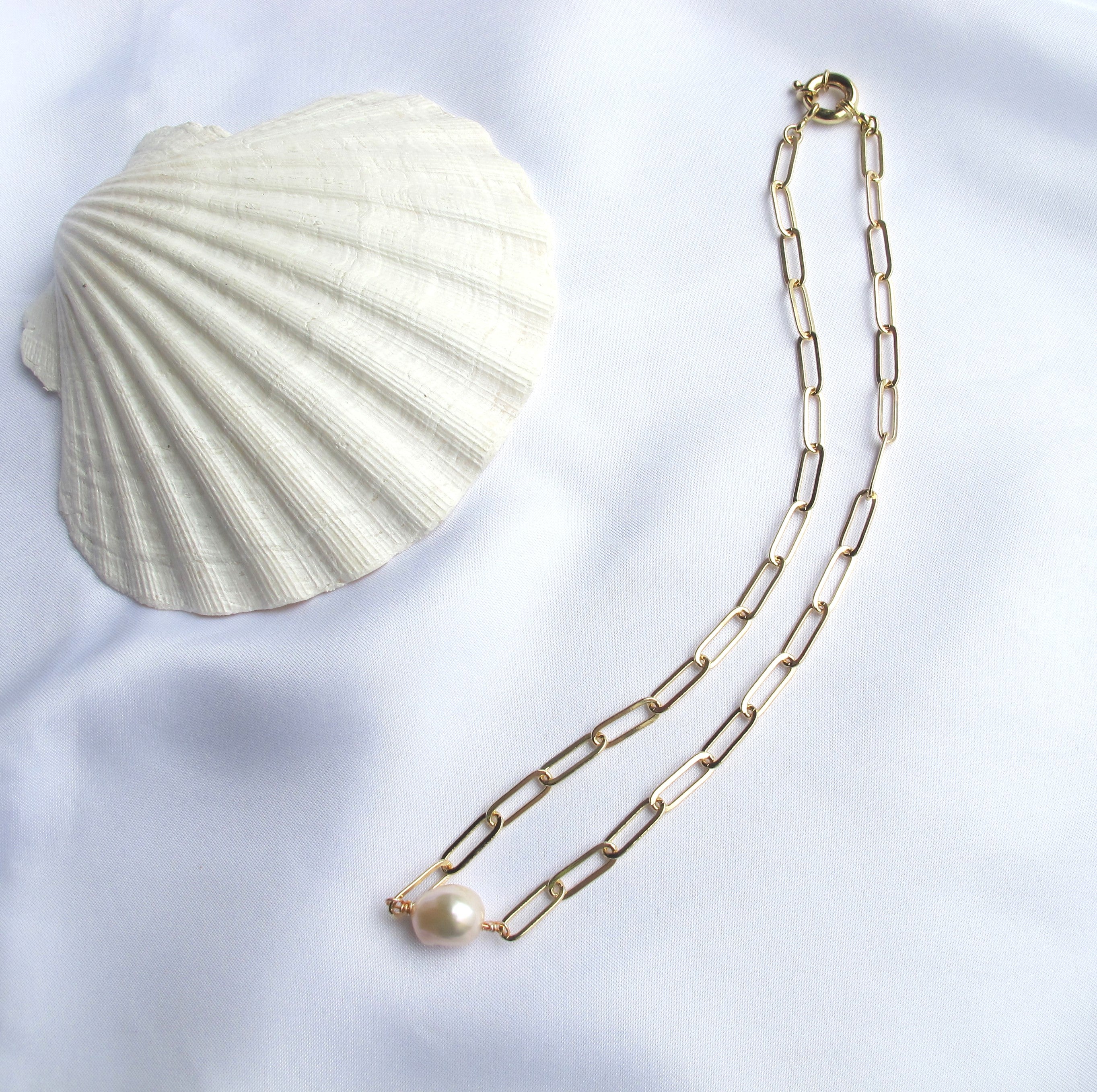 18K Gold Filled Pearl  Chain Necklace with Sailor Clasp